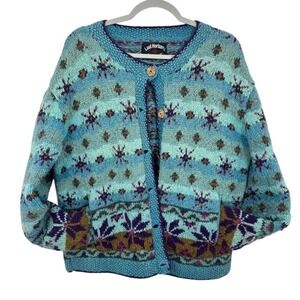 Lost Horizons Handmade Nepal Knit Wool Cardigan‎ Nordic Snowflake Blue Purple